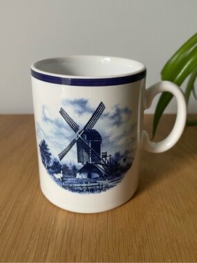 Vintage Ter Steege BV Delft Blue Coffee Mug Windmill Scene Holland 1980s